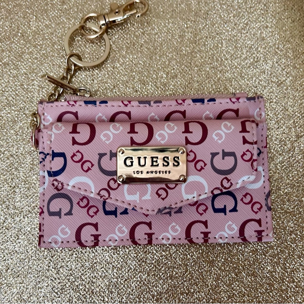 Guess Pink and Gold Logo Card Holder Keychain